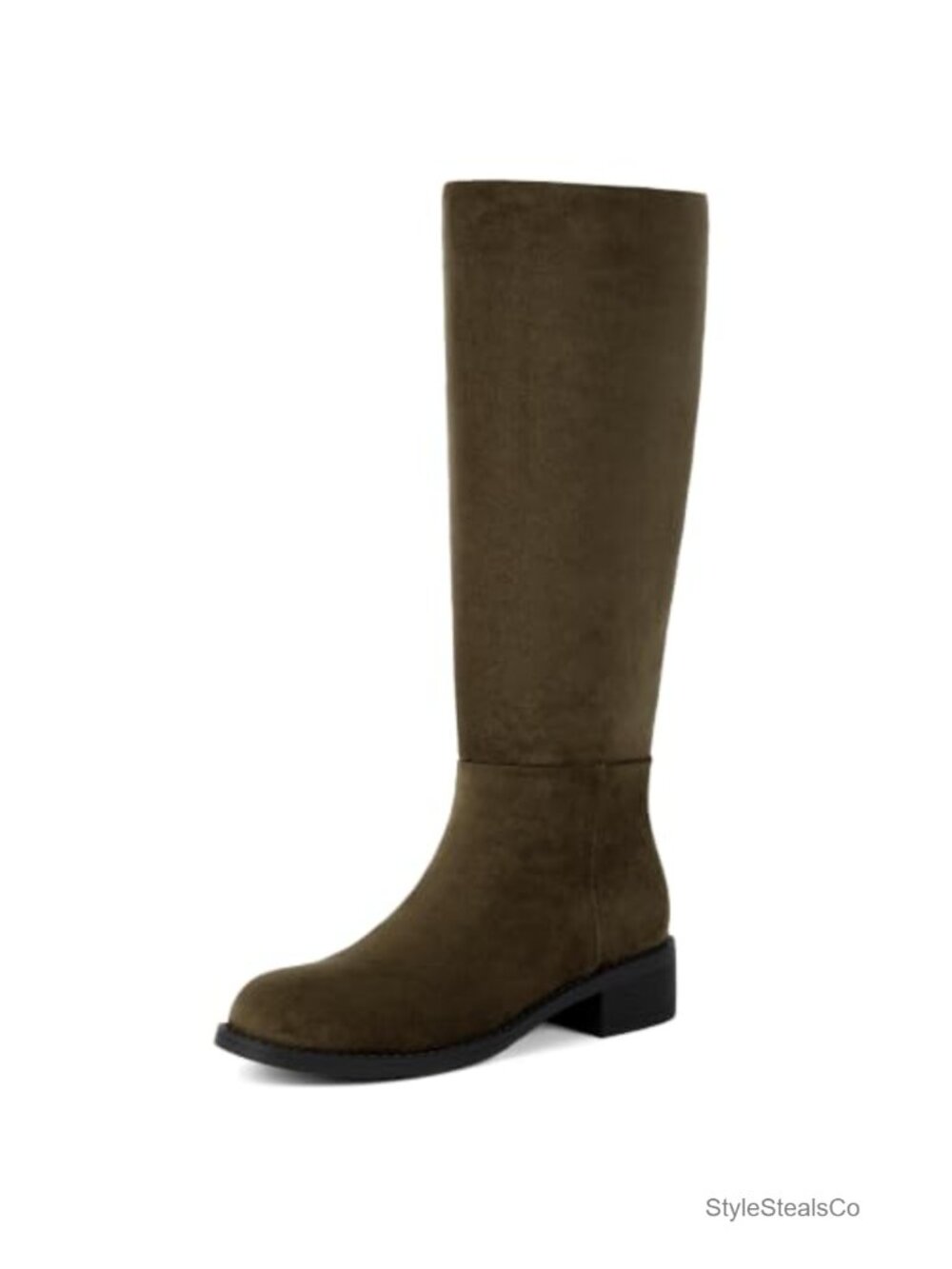 Faux Suede Knee High Boots Low Block Heel Round Toe Side Zip Tall Boots